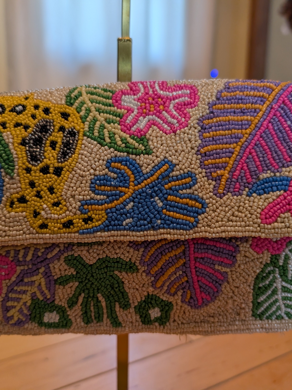 Beaded Tropical Motif Shoulder Bag - Neutral with Multicolor Accents - Picture 5 of 8
